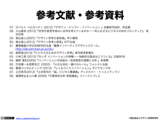 参考文献・参考資料
57.  ロベルト ベルガンティ (2012)『デザイン・ドリブン・イノベーション 』佐藤典司他訳、同友館
58.  入山章栄 (2012)『世界の経営学者はいま何を考えているのか――知られざるビジネスの知のフロンティア』 英
治出版
59.  奥出直人(2007)『デザイン思考の道具箱』早川書房
60.  奥出直人(2012)『デザイン思考と経営』NTT出版
61.  慶應義塾大学SDM研究科主催「慶應イノベーティブデザインスクール」
http://lab.sdm.keio.ac.jp/idc/
62.  紺野登(2010)『ビジネスのためのデザイン思考』東洋経済新報社
63.  小林三郎 (2012)『ホンダ イノベーションの神髄――独創的な製品はこうつくる』日経BP社
64. 
原 清則(2005)『イノベーションの収益化―技術経営の課題と分析 』有斐閣
65.  竹田陽一＆栢野克己（2002）『小さな会社・ けのルール』フォレスト出版
66.  電通コンサルティング (2012) 『しくみづくりイノベーション』ダイヤモンド社
67.  土井英司(2012)『土井英司の「超」ビジネス書講義』ディスカバー・トゥエンティワン
68.  福澤英弘＆小川康 (2009)『不確実性分析 実践講座』ファーストプレス

https:// designthinking.or.jp  

   

 

一般社団法人デザイン思考研究所

 
