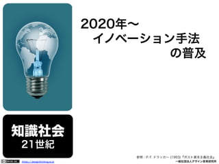 2020年∼
 イノベーション手法
の普及

知識社会
21世紀
参照：P. F. ドラッカー (1993)『ポスト資本主義社会』
https:// designthinking.or.jp  

   

 

一般社団法人デザイン思考研究所

 