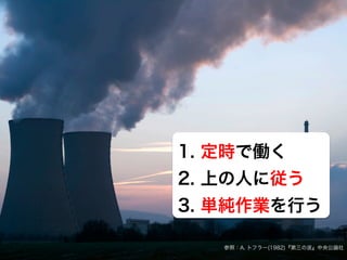 1.  定時で働く
2.  上の人に従う
3.  単純作業を行う
参照：A. トフラー(1982)『第三の波』中央公論社
https:// designthinking.or.jp  

   

 

一般社団法人デザイン思考研究所

 