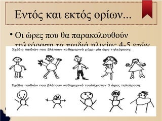 Εντός και εκτός ορίων... 
 Οι ώρες που θα παρακολουθούν 
τηλεόραση τα παιδιά ηλικίας 4-5 ετών 
είναι μισή ώρα. Αλλιώς οι διαφορές 
είναι αισθητές: 
 