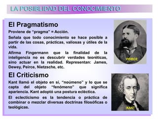 LA POSIBLIDAD DEL CONOCIMIENTO
El Pragmatismo
Proviene de “pragma” = Acción.
Señala que todo conocimiento se hace posible a
partir de las cosas, prácticas, valiosas y útiles de la
vida.
Afirma Fingermann que la finalidad de la
inteligencia no es descubrir verdades teoréticas,
sino actuar en la realidad. Representan: James,
Dewey, Peirce, Nietzsche, etc.
El Criticismo
Kant llamó el objeto en sí, “noúmeno” y lo que se
capta del objeto “fenómeno” que significa
apariencia. Kant adoptó una postura ecléctica.
El eclecticismo es la tendencia o práctica de
combinar o mezclar diversas doctrinas filosóficas o
teológicas.
PEIRCE
KANT
 