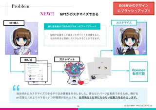 NFTがカスタマイズできる
16
“
自分好みにカスタマイズできるやり込み要素を付与しました。要らないパーツは転売できるため、稼げる
or 応援したらよりハマるという好循環が生み出され、自然発生とは非にならない拡散力を生み出します。
NFT購入
推し活 ガチャゲット
カスタマイズ
推し活を続けて好みのデザインにアップグレード
SNSで応援をして溜まったポイントを消費すると、
自分の好きな容姿にカスタムすることができます。
Opensea
転売可能
自分好みのデザイン
にブラッシュアップ!!
Problem
© 2023 MINT PRODUCTIONS inc.
NEW!!
 