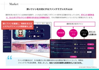 5
“ ファンが活動を広げ、その拡散力と共に最終未来少女の認知が増えていくという、特殊な
ファンクラブを自社開発、実装しました。他社へのOEM展開も絶賛受付しております。
最終未来少女のファンはSNSの拡散や、いいねなどを通じてポイントを貯める活動を行なっています。ポイントを貯める
と、2人とのリアルイベント招待がされるなどの特典があり、それが最終未来APPというシステムで管理されています。
深いファンを優遇し、特典を与える
システムでファンとの関係値も上昇
最終未来少女のファン
SNS拡散
ポイント
付与
イベント
招待
ポイント
上位層のみ
Market
深いファンを大切にするファンクラブシステム3.0
© 2023 MINT PRODUCTIONS inc.
 