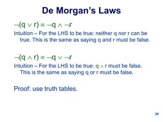 29
De Morgan’s Laws
(q  r)  q  r
Intuition – For the LHS to be true: neither q nor r can be
true. This is the same as saying q and r must be false.
(q  r)  q  r
Intuition – For the LHS to be true: q  r must be false.
This is the same as saying q or r must be false.
Proof: use truth tables.
 