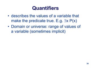 34
Quantifiers
• describes the values of a variable that
make the predicate true. E.g. x P(x)
• Domain or universe: range of values of
a variable (sometimes implicit)
 