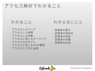 アクセス解析でわかること


 わかること            わからないこと
 ・アクセスしたページ       ・訪問者の様子
 ・アクセスした時間        ・訪問者の気持ち
 ・アクセスした回数        ・訪問者の名前
 ・アクセスに用いたキーワード   ・訪問者の年齢
 ・アクセス元のサイト       ・訪問者の性別
 ・アクセスに用いたPCの環境
 ・アクセスしてきた地域
 