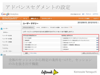 アドバンスセグメントの設定




全体のセッションから特定の条件をつけた、セッション
のみを抜き出す機能
 