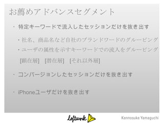 お薦めアドバンスセグメント
・特定キーワードで流入したセッションだけを抜き出す

・社名、商品名など自社のブランドワードのグルーピング
・ユーザの属性を示すキーワードでの流入をグルーピング
 [顕在層] [潜在層] [それ以外層]

・コンバージョンしたセッションだけを抜き出す


・iPhoneユーザだけを抜き出す
 