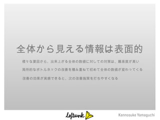 全体から見える情報は表面的
様々な要因から、出来上がる全体の数値に対しての対策は、難易度が高い

局所的なボトルネックの改善を積み重ねて初めて全体の数値が変わってくる

改善の効果が実感できると、次の改善施策を打ちやすくなる
 