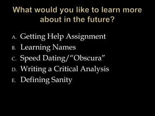 A.
B.
C.

D.
E.

Getting Help Assignment
Learning Names
Speed Dating/“Obscura”
Writing a Critical Analysis
Defining Sanity

 