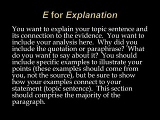 You want to explain your topic sentence and
its connection to the evidence. You want to
include your analysis here. Why did you
include the quotation or paraphrase? What
do you want to say about it? You should
include specific examples to illustrate your
points (these examples should come from
you, not the source), but be sure to show
how your examples connect to your
statement (topic sentence). This section
should comprise the majority of the
paragraph.

 
