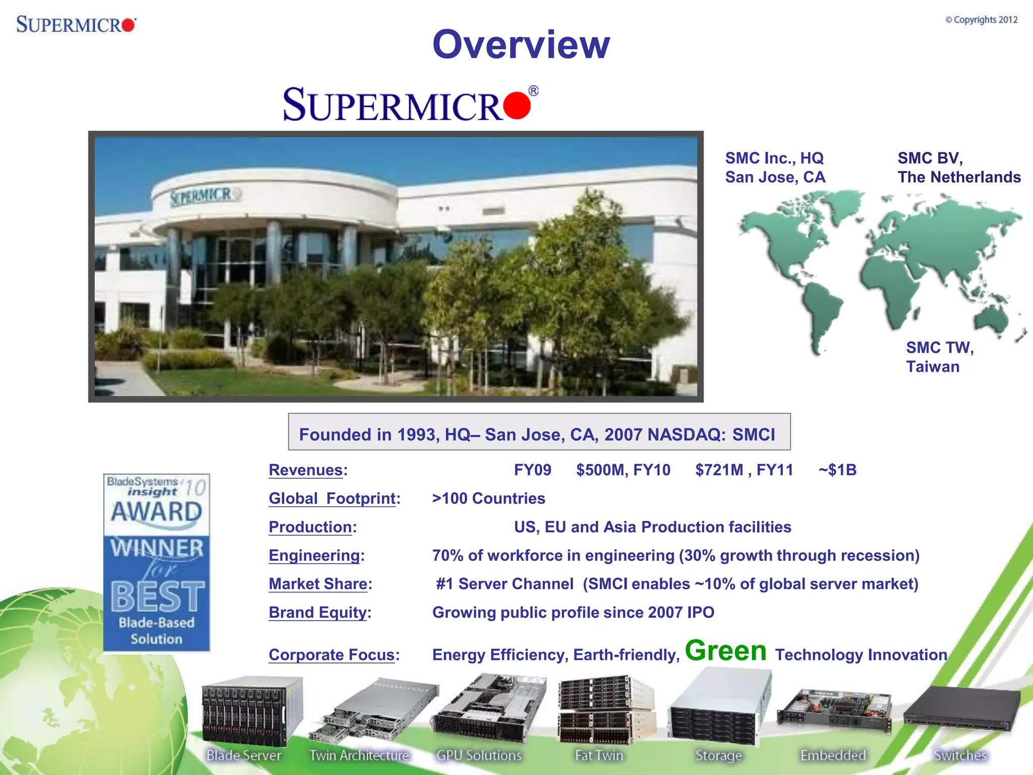 Overview

                                                             SMC Inc., HQ       SMC BV,
                                                             San Jose, CA       The Netherlands




                                                                                 SMC TW,
                                                                                 Taiwan



   Founded in 1993, HQ– San Jose, CA, 2007 NASDAQ: SMCI

Revenues:                      FY09    $500M, FY10        $721M , FY11   ~$1B
Global Footprint:   >100 Countries
Production:                    US, EU and Asia Production facilities
Engineering:        70% of workforce in engineering (30% growth through recession)
Market Share:       #1 Server Channel (SMCI enables ~10% of global server market)
Brand Equity:       Growing public profile since 2007 IPO

Corporate Focus:    Energy Efficiency, Earth-friendly,   Green Technology Innovation
 