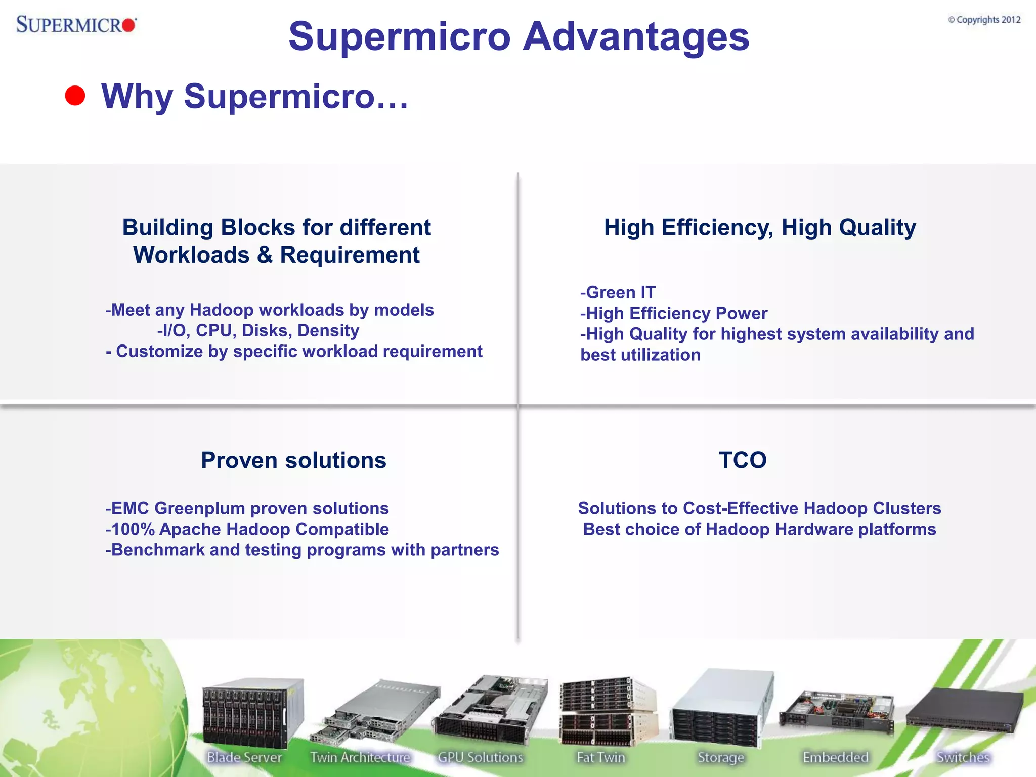 Supermicro Advantages
 Why Supermicro…


   Building Blocks for different                     High Efficiency, High Quality
    Workloads & Requirement
                                                  -Green IT
  -Meet any Hadoop workloads by models            -High Efficiency Power
        -I/O, CPU, Disks, Density                 -High Quality for highest system availability and
  - Customize by specific workload requirement    best utilization




             Proven solutions                                      TCO

  -EMC Greenplum proven solutions                 Solutions to Cost-Effective Hadoop Clusters
  -100% Apache Hadoop Compatible                  Best choice of Hadoop Hardware platforms
  -Benchmark and testing programs with partners
 