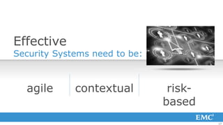 Effective
Security Systems need to be:



  agile      contextual         risk-
                               based
                                        17
 