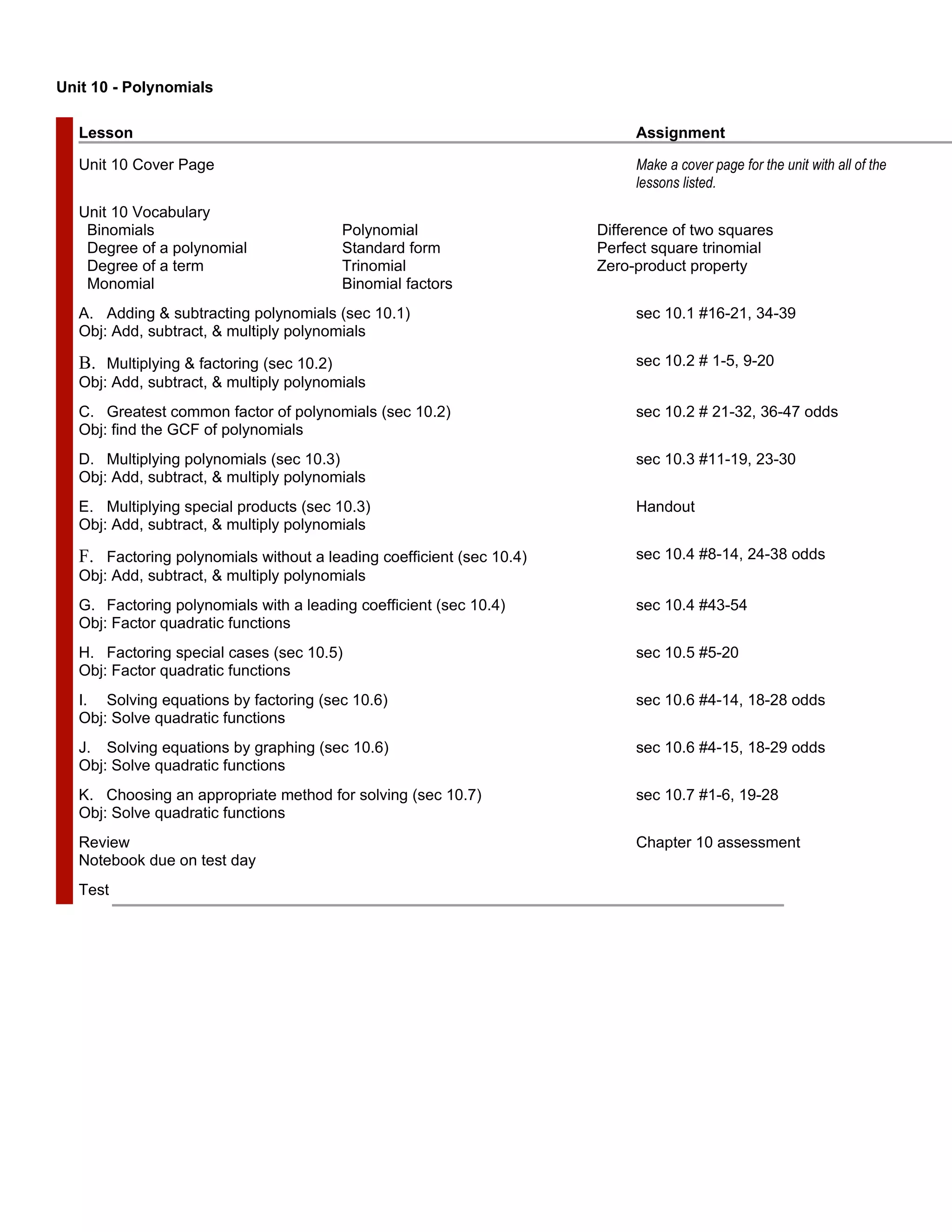 Unit 10 - Polynomials

   Lesson                                                                   Assignment

   Unit 10 Cover Page                                                       Make a cover page for the unit with all of the
                                                                            lessons listed.
   Unit 10 Vocabulary
    Binomials                              Polynomial                  Difference of two squares
    Degree of a polynomial                 Standard form               Perfect square trinomial
    Degree of a term                       Trinomial                   Zero-product property
    Monomial                               Binomial factors
   A. Adding & subtracting polynomials (sec 10.1)                           sec 10.1 #16-21, 34-39
   Obj: Add, subtract, & multiply polynomials

   B. Multiplying & factoring (sec 10.2)                                    sec 10.2 # 1-5, 9-20
   Obj: Add, subtract, & multiply polynomials
   C. Greatest common factor of polynomials (sec 10.2)                      sec 10.2 # 21-32, 36-47 odds
   Obj: find the GCF of polynomials
   D. Multiplying polynomials (sec 10.3)                                    sec 10.3 #11-19, 23-30
   Obj: Add, subtract, & multiply polynomials
   E. Multiplying special products (sec 10.3)                               Handout
   Obj: Add, subtract, & multiply polynomials

   F. Factoring polynomials without a leading coefficient (sec 10.4)        sec 10.4 #8-14, 24-38 odds
   Obj: Add, subtract, & multiply polynomials
   G. Factoring polynomials with a leading coefficient (sec 10.4)           sec 10.4 #43-54
   Obj: Factor quadratic functions
   H. Factoring special cases (sec 10.5)                                    sec 10.5 #5-20
   Obj: Factor quadratic functions
   I. Solving equations by factoring (sec 10.6)                             sec 10.6 #4-14, 18-28 odds
   Obj: Solve quadratic functions
   J. Solving equations by graphing (sec 10.6)                              sec 10.6 #4-15, 18-29 odds
   Obj: Solve quadratic functions
   K. Choosing an appropriate method for solving (sec 10.7)                 sec 10.7 #1-6, 19-28
   Obj: Solve quadratic functions
   Review                                                                   Chapter 10 assessment
   Notebook due on test day
   Test
 