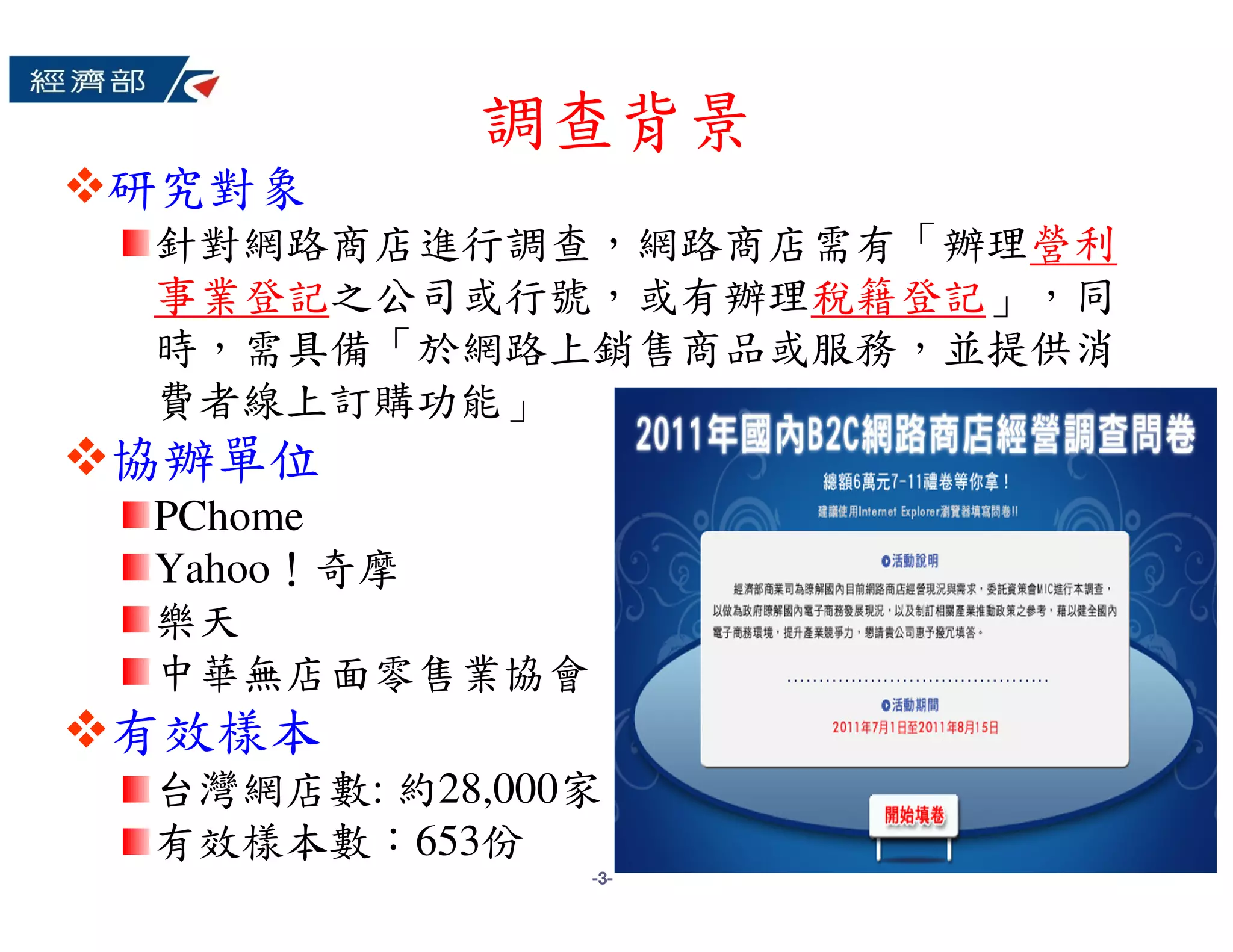 調查背景
研究對象
針對網路商店進行調查，網路商店需有「辦理營利
事業登記之公司或行號，或有辦理稅籍登記」，同
時，需具備「於網路上銷售商品或服務，並提供消
費者線上訂購功能」
協辦單位
PChome
Yahoo！奇摩
樂天
中華無店面零售業協會
有效樣本
台灣網店數: 約28,000家
有效樣本數：653份
              -3-
 