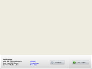 PROPERTIES
Allow user to leave interaction:   Anytime
Show ‘Next Slide’ Button:          Show always
Completion Button Label:           Next Slide
 