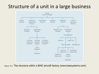 Structure of a unit in a large business




Figure 10.2   The structure within a BAE aircraft factory (www.baesystems.com)
 