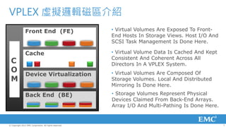 VPLEX 虛擬邏輯磁區介紹
                Front End (FE)                           • Virtual Volumes Are Exposed To Front-
                                                         End Hosts In Storage Views. Host I/O And
                                                         SCSI Task Management Is Done Here.

                Cache                                    • Virtual Volume Data Is Cached And Kept
                                                         Consistent And Coherent Across All
 C                                                       Directors In A VPLEX System.
 O                                                       • Virtual Volumes Are Composed Of
                Device Virtualization
 M                                                       Storage Volumes. Local And Distributed
                                                         Mirroring Is Done Here.

                Back End (BE)                            • Storage Volumes Represent Physical
                                                         Devices Claimed From Back-End Arrays.
                                                         Array I/O And Multi-Pathing Is Done Here.


© Copyright 2012 EMC Corporation. All rights reserved.                                               7
 
