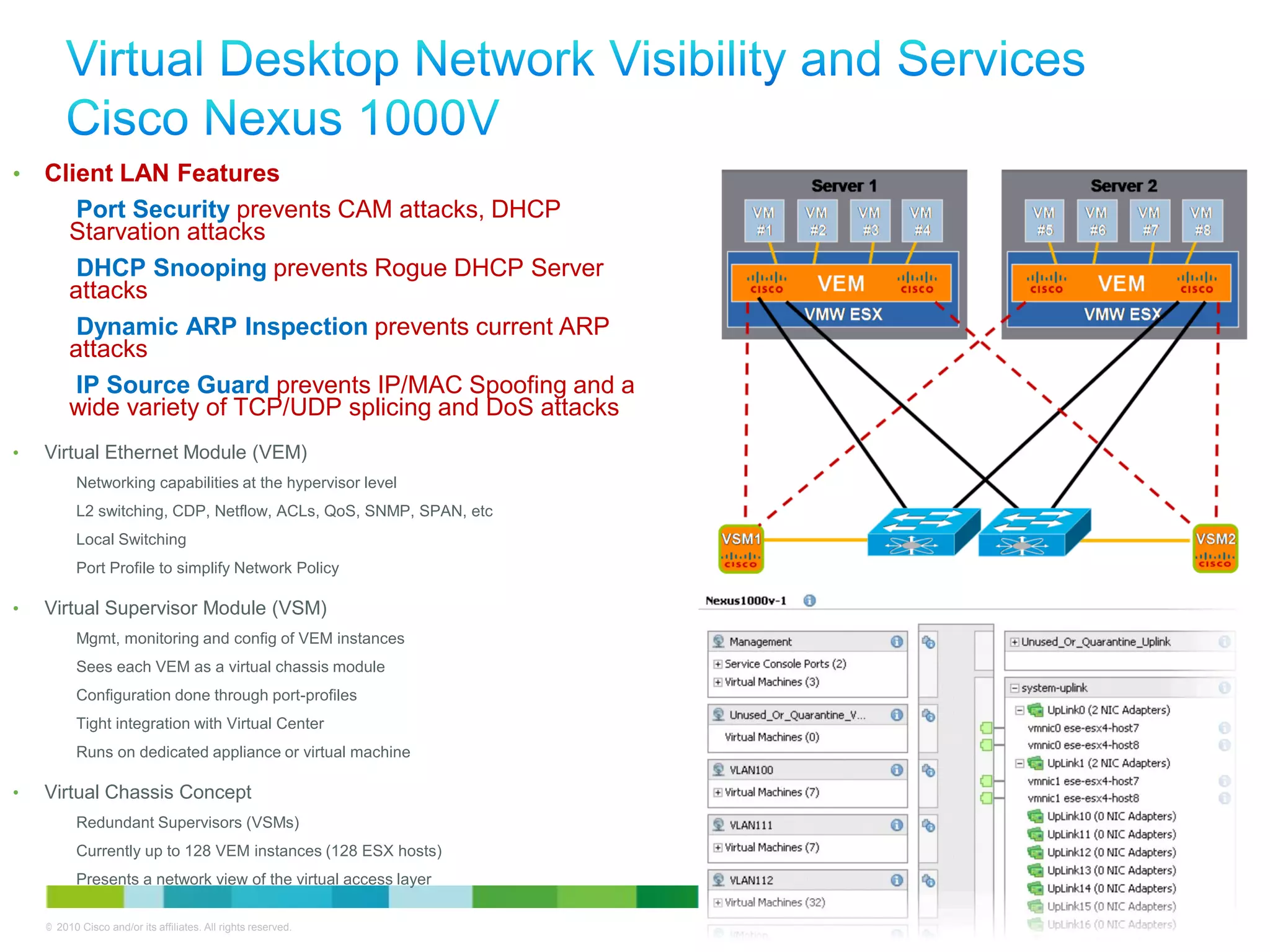 •   Client LAN Features
       Port Security prevents CAM attacks, DHCP
      Starvation attacks
       DHCP Snooping prevents Rogue DHCP Server
      attacks
       Dynamic ARP Inspection prevents current ARP
      attacks
       IP Source Guard prevents IP/MAC Spoofing and a
      wide variety of TCP/UDP splicing and DoS attacks
•   Virtual Ethernet Module (VEM)
          Networking capabilities at the hypervisor level
          L2 switching, CDP, Netflow, ACLs, QoS, SNMP, SPAN, etc
          Local Switching
          Port Profile to simplify Network Policy

•   Virtual Supervisor Module (VSM)
          Mgmt, monitoring and config of VEM instances
          Sees each VEM as a virtual chassis module
          Configuration done through port-profiles
          Tight integration with Virtual Center
          Runs on dedicated appliance or virtual machine

•   Virtual Chassis Concept
          Redundant Supervisors (VSMs)
          Currently up to 128 VEM instances (128 ESX hosts)
          Presents a network view of the virtual access layer

    © 2010 Cisco and/or its affiliates. All rights reserved.       Cisco Confidential   20
 