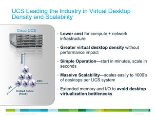 Cisco UCS
                                                                 •   Lower cost for compute + network
                                                                     infrastructure

                                                                 •   Greater virtual desktop density without
                                                                     performance impact
                           Memory




                                                                 •   Simple Operation—start in minutes, scale in
                                                                     seconds

                                                                 •   Massive Scalability—scales easily to 1000’s
                                                           CPU       of desktops per UCS system

                   Unified Fabric
                                                                 •   Extended memory and I/O to avoid desktop
                     (FCoE)                                          virtualization bottlenecks



© 2010 Cisco and/or its affiliates. All rights reserved.                                                 Cisco Confidential   15
 