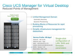 Reduced Points of Management

                      Tightly Coupled
                  Partner Mgmt. Tools
                                                           •   Unified Management Domain
                                   XML API                      Automatic discovery
                                                                Dynamic Provisioning
                                                           •   Building Blocks of Resources for rapid
                                                               provisioning
                                                           •   Simplify infrastructure management for
                                                               datacenters


                                                               Service Profile: HR-App1
                                                               Network: HR-VLAN
                                                                                              Single-click
                                                               Network QoS: High              configuration of
                                                               MAC: 08:00:69:02:01:FC         LAN, SAN and
                                                               WWN: 20:65:32:25:B5:00:A4:28   firmware
                                                               BIOS: Version 1.03
                                                               Boot Order: SAN, LAN
                                                                                              parameters

© 2010 Cisco and/or its affiliates. All rights reserved.                                               Cisco Confidential   18
 