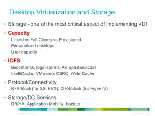 • Storage - one of the most critical aspect of implementing VDI
• Capacity
          Linked vs Full Clones vs Provisioned
          Personalized desktops
          User capacity

• IOPS
          Boot storms, login storms, AV updates/scans
          IntelliCache, VMware’s CBRC, Write Cache

• Protocol/Connectivity
          NFS/block (for XS, ESX), CIFS/block (for Hyper-V)

• Storage/DC Services
          DR/HA, Application Mobility, backup
© 2010 Cisco and/or its affiliates. All rights reserved.      Cisco Confidential   30
 
