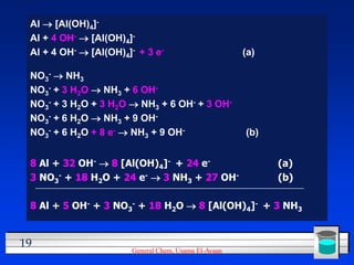 Al  [Al(OH)4]-
 Al + 4 OH-  [Al(OH)4]-
 Al + 4 OH-  [Al(OH)4]- + 3 e-                       (a)

 NO3-  NH3
 NO3- + 3 ...