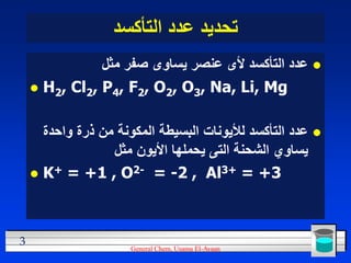 ‫تحديد عدد التأكسد‬
               ‫‪ ‬عدد التأكسد ألى عنصر يساوى صفر مثل‬
    ‫‪ H2, Cl2, P4, F2, O2, O3, Na, Li, Mg‬‬
...