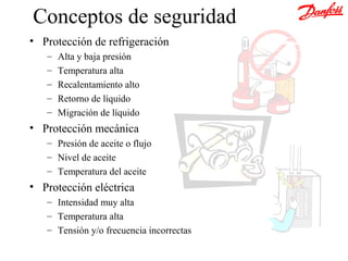 Conceptos de seguridad
• Protección de refrigeración
   –   Alta y baja presión
   –   Temperatura alta
   –   Recalentamiento alto
   –   Retorno de líquido
   –   Migración de líquido
• Protección mecánica
   – Presión de aceite o flujo
   – Nivel de aceite
   – Temperatura del aceite
• Protección eléctrica
   – Intensidad muy alta
   – Temperatura alta
   – Tensión y/o frecuencia incorrectas
 