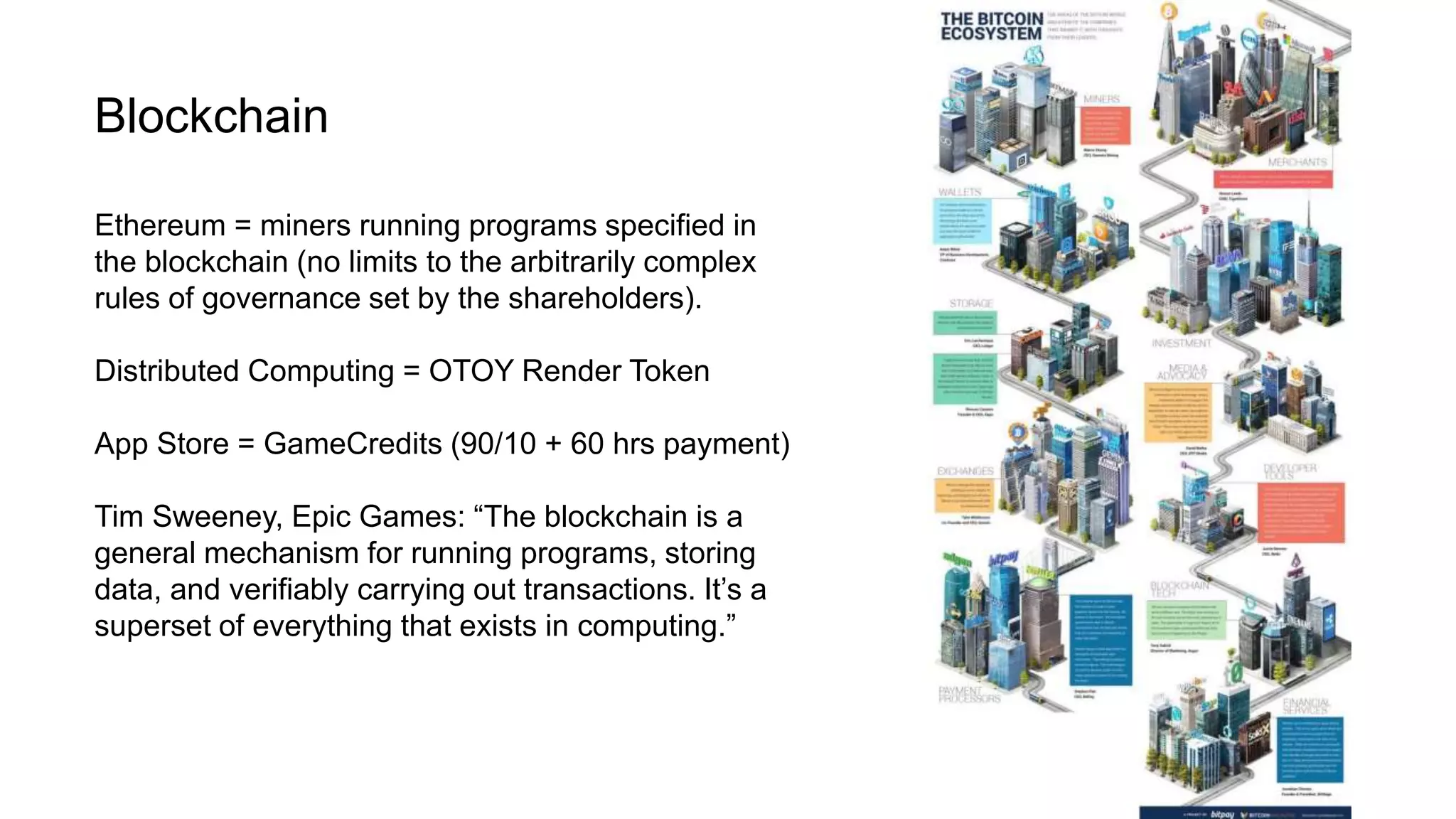 Blockchain
Ethereum = miners running programs specified in
the blockchain (no limits to the arbitrarily complex
rules of governance set by the shareholders).
Distributed Computing = OTOY Render Token
App Store = GameCredits (90/10 + 60 hrs payment)
Tim Sweeney, Epic Games: “The blockchain is a
general mechanism for running programs, storing
data, and verifiably carrying out transactions. It’s a
superset of everything that exists in computing.”
 