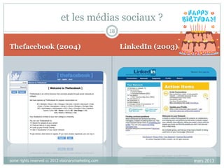 et les médias sociaux ?
18

Thefacebook (2004)

some rights reserved cc 2013 visionarymarketing.com

LinkedIn (2003)

mars 2013

 