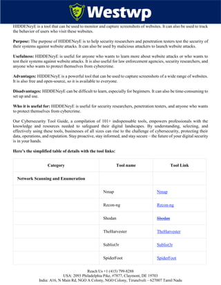 Reach Us +1 (415) 799-8288
USA: 2093 Philadelphia Pike, #7877, Claymont, DE 19703
India: A16, N Main Rd, NGO A Colony, NGO Colony, Tirunelveli – 627007 Tamil Nadu
HIDDENeyE is a tool that can be used to monitor and capture screenshots of websites. It can also be used to track
the behavior of users who visit these websites.
Purpose: The purpose of HIDDENeyE is to help security researchers and penetration testers test the security of
their systems against website attacks. It can also be used by malicious attackers to launch website attacks.
Usefulness: HIDDENeyE is useful for anyone who wants to learn more about website attacks or who wants to
test their systems against website attacks. It is also useful for law enforcement agencies, security researchers, and
anyone who wants to protect themselves from cybercrime.
Advantages: HIDDENeyE is a powerful tool that can be used to capture screenshots of a wide range of websites.
It is also free and open-source, so it is available to everyone.
Disadvantages: HIDDENeyE can be difficult to learn, especially for beginners. It can also be time-consuming to
set up and use.
Who it is useful for: HIDDENeyE is useful for security researchers, penetration testers, and anyone who wants
to protect themselves from cybercrime.
Our Cybersecurity Tool Guide, a compilation of 101+ indispensable tools, empowers professionals with the
knowledge and resources needed to safeguard their digital landscapes. By understanding, selecting, and
effectively using these tools, businesses of all sizes can rise to the challenge of cybersecurity, protecting their
data, operations, and reputation. Stay proactive, stay informed, and stay secure – the future of your digital security
is in your hands.
Here’s the simplified table of details with the tool links:
Category Tool name Tool Link
Network Scanning and Enumeration
Nmap Nmap
Recon-ng Recon-ng
Shodan Shodan
TheHarvester TheHarvester
Sublist3r Sublist3r
SpiderFoot SpiderFoot
 