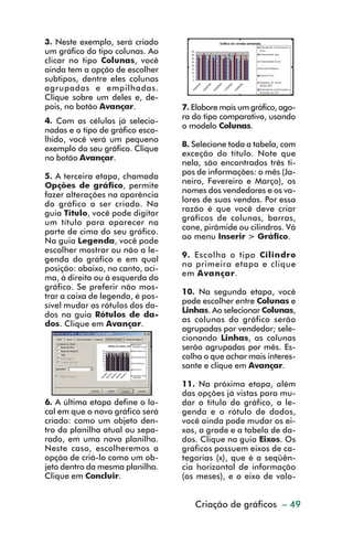 3. Neste exemplo, será criado
           um gráfico do tipo colunas. Ao
           clicar no tipo Colunas, você
           ainda tem a opção de escolher
           subtipos, dentre eles colunas
           agrupadas e empilhadas.
           Clique sobre um deles e, de-
           pois, no botão Avançar.           7. Elabore mais um gráfico, ago-
                                             ra do tipo comparativo, usando
           4. Com as células já selecio-
                                             o modelo Colunas.
           nadas e o tipo de gráfico esco-
           lhido, você verá um pequeno
                                             8. Selecione toda a tabela, com
           exemplo do seu gráfico. Clique
                                             exceção do título. Note que
           no botão Avançar.
                                             nela, são encontrados três ti-
                                             pos de informações: o mês (Ja-
           5. A terceira etapa, chamada
                                             neiro, Fevereiro e Março), os
           Opções de gráfico, permite
                                             nomes dos vendedores e os va-
           fazer alterações na aparência
                                             lores de suas vendas. Por essa
           do gráfico a ser criado. Na
                                             razão é que você deve criar
           guia Título, você pode digitar
                                             gráficos de colunas, barras,
           um título para aparecer na
                                             cone, pirâmide ou cilindros. Vá
           parte de cima do seu gráfico.
                                             ao menu Inserir > Gráfico.
           Na guia Legenda, você pode
           escolher mostrar ou não a le-
                                             9. Escolha o tipo Cilindro
           genda do gráfico e em qual
                                             na primeira etapa e clique
           posição: abaixo, no canto, aci-
                                             em Avançar.
           ma, à direita ou à esquerda do
           gráfico. Se preferir não mos-
                                             10. Na segunda etapa, você
           trar a caixa de legenda, é pos-
                                             pode escolher entre Colunas e
           sível mudar os rótulos dos da-
                                             Linhas. Ao selecionar Colunas,
           dos na guia Rótulos de da-
                                             as colunas do gráfico serão
           dos. Clique em Avançar.
                                             agrupadas por vendedor; sele-
                                             cionando Linhas, as colunas
                                             serão agrupadas por mês. Es-
                                             colha o que achar mais interes-
                                             sante e clique em Avançar.

                                             11. Na próxima etapa, além
                                             das opções já vistas para mu-
           6. A última etapa define o lo-    dar o título do gráfico, a le-
           cal em que o novo gráfico será    genda e o rótulo de dados,
           criado: como um objeto den-       você ainda pode mudar os ei-
           tro da planilha atual ou sepa-    xos, a grade e a tabela de da-
           rado, em uma nova planilha.       dos. Clique na guia Eixos. Os
           Neste caso, escolheremos a        gráficos possuem eixos de ca-
           opção de criá-lo como um ob-      tegorias (x), que é a seqüên-
           jeto dentro da mesma planilha.    cia horizontal de informação
           Clique em Concluir.               (os meses), e o eixo de valo-


                                                Criação de gráficos – 49



dica42_72.p65                     49                         29/6/2004, 17:15
 