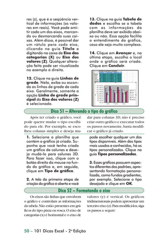res (z), que é a seqüência ver-           13. Clique na guia Tabela de
                 tical de informações (os valo-            dados e escolha se a tabela
                 res em reais). Você pode omi-             com as informações da
                 tir cada um dos eixos, marcan-            planilha deve ser exibida abai-
                 do ou desmarcando suas cai-               xo ou não. Essa opção facilita
                 xas. Além disso, é possível dar           o entendimento do gráfico,
                 um rótulo para cada eixo,                 caso ele seja muito complexo.
                 clicando na guia Título e
                 digitando na caixa de Eixo das            14. Clique em Avançar e, na
                 categorias (X) ou Eixo dos                última etapa, escolha o local
                 valores (Z). Qualquer altera-             onde o gráfico será criado.
                 ção feita pode ser visualizada            Clique em Concluir.
                 no exemplo à direita.

                 12. Clique na guia Linhas de
                 grade. Nela, exiba ou escon-
                 da as linhas de grade de cada
                 eixo. Geralmente, somente a
                 opção Linha de grade prin-
                 cipal do Eixo dos valores (Z)
                 é selecionada.

                                  Dica 51 – Alterando o tipo do gráfico
                   Após ter criado o gráfico, você        dar para colunas 3D, não é preciso
                pode querer mudar o tipo escolhi-         criar outro gráfico e executar todos
                do para ele. Por exemplo, se esco-        os passos novamente, basta modifi-
                lheu colunas simples e deseja mu-         car o gráfico já criado.
                 1. Selecione a planilha que               pode escolher qualquer um dos
                 contém o gráfico já criado. Su-           tipos disponíveis. Além dos tipos
                 ponha que você tenha criado               mais usados e conhecidos, há os
                 um gráfico de colunas e dese-             tipos personalizados. Clique na
                 ja mudá-lo para colunas 3D.               guia Tipos personalizados.
                 Para fazer isso, clique com o
                 botão direito do mouse no fun-            3. Esses gráficos possuem aspec-
                 do do gráfico e, em seguida,              tos diferentes dos padrões, apre-
                 clique em Tipo de gráfico.                sentando formatação persona-
                                                           lizada, como fundos gradientes,
                 2. A tela da primeira etapa de            por exemplo. Selecione o tipo
                 criação do gráfico é aberta e você        desejado e clique em OK.
                                       Dica 52 – Formatando o eixo
                    Os eixos são linhas que envolvem      valores (y) é vertical. Os gráficos
                o gráfico e controlam as informações      tridimensionais podem apresentar um
                da tabela. Não estão presentes em grá-    terceiro eixo (z). Para modificá-los, siga
                ficos do tipo pizza ou rosca. O eixo de   os passos a seguir:
                categorias (x) é horizontal e o eixo de



                50 – 101 Dicas Excel - 2a Edição



dica42_72.p65                           50                                 29/6/2004, 17:15
 