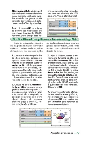Alternando célula, defina qual         cro, a comissão dos vendedo-
           das células vai sofrer a alteração     res deve ser alterada de 15%
           (neste exemplo, você pode esco-        para 7%. Veja a planilha final:
           lher a célula dos gastos ou da
           comissão dos vendedores). Sele-
           cione a célula C1 e clique em OK.

           5. Ao clicar em OK, os valores
           da planilha são modificados até
           que o lucro fique igual a 11000.
           Portanto, para atingir esse lu-
            Dica 87 – Alterando um gráfico com a ferramenta Atingir Meta
            Já que as informações cadastra-      rar ainda mais o estudo e gerar um
         das na planilha podem sofrer alte-      gráfico desses dados? Assim, torna-
         rações e, com isso, ajudar na análise   se mais claro o efeito de cada modi-
         de hipóteses, por que não melho-        ficação de metas.

           1. Usando a mesma planilha             3. Após a criação, acesse a fer-
           da dica anterior, acrescente           ramenta Atingir meta, no
           apenas duas colunas: quan-             menu Ferramentas. Na caixa
           tidade de material e preço             Definir célula, digite E10 ou use
           unitário. Na célula que con-           o botão ao lado da caixa para
           tinha os valores de venda, co-         selecionar essa célula. Pressio-
           loque uma fórmula para mul-            ne Tab e digite 17500 na caixa
           tiplicar a quantidade pelo pre-        Para valor. Por fim, defina, na
           ço. Em seguida, selecione as           caixa Alternando célula, a cé-
           colunas de nomes dos produ-            lula B3. Dessa forma, você está
           tos e de totais de vendas.             configurando a tabela para atin-
                                                  gir o lucro de 17500, afetando
           2. Clique no botão Assisten-           a quantidade de lápis vendidos.
           te de gráfico para gerar um            Clique em OK.
           gráfico em formato pizza 3D.
           Coloque como rótulo o valor            4. Observe a alteração efetua-
           e o nome da categoria e                da na planilha e no gráfico e,
           posicione o gráfico como um            na mensagem que aparecer,
           objeto dentro da mesma                 clique em OK para aceitar ou
           planilha (veja a Dica 50, so-          em Cancelar para retornar às
           bre criação de gráficos).              informações originais.




                                                     Aspectos avançados – 79



dica84_101.p65                      79                             29/6/2004, 17:35
 