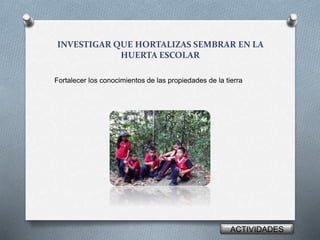 INVESTIGAR QUE HORTALIZAS SEMBRAR EN LA
HUERTA ESCOLAR
Fortalecer los conocimientos de las propiedades de la tierra
ACTIVIDADES
 