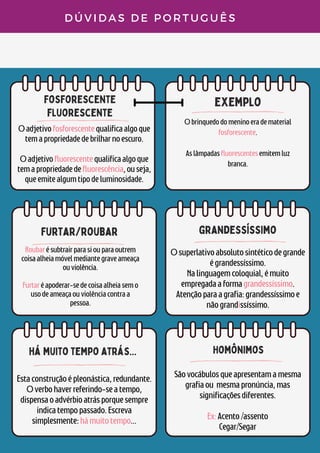 fosforescente
fluorescente
exemplo
Furtar/roubar
D Ú V I D A S D E P O R T U G U Ê S
Oadjetivofosforescentequalificaalgoque
temapropriedadedebrilharnoescuro.


Oadjetivofluorescentequalificaalgoque
temapropriedadedefluorescência,ouseja,
queemitealgumtipodeluminosidade.
Obrinquedodomeninoeradematerial
fosforescente.


Aslâmpadasfluorescentesemitemluz
branca.




Roubarésubtrairparasiouparaoutrem
coisaalheiamóvelmediantegraveameaça
ouviolência.


Furtaréapoderar-sedecoisaalheiasemo
usodeameaçaouviolênciacontraa
pessoa.
grandessíssimo
Osuperlativoabsolutosintéticodegrande
égrandessíssimo.
Nalinguagemcoloquial,émuito
empregadaaformagrandessíssimo.
Atençãoparaagrafia:grandessíssimoe
nãograndissíssimo.
há muito tempo atrás...
Estaconstruçãoépleonástica,redundante.
Overbohaverreferindo-seatempo,
dispensaoadvérbioatrásporquesempre
indicatempopassado.Escreva
simplesmente:hámuitotempo...
Homônimos
Sãovocábulosqueapresentamamesma
grafiaou mesmapronúncia,mas
significaçõesdiferentes.


Ex:Acento/assento
Cegar/Segar
 