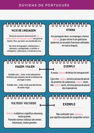 vicio de linguagem
D Ú V I D A S D E P O R T U G U Ê S
Desviodanormaemdecorrênciadonão
conhecimentodalinguagempadrãoporpartedo
falante.Deve,portanto,serconsideradoerro.


Sãovíciosdelinguagem:obarbarismo,o
solecismo,aambiguidade,ocacófato,o
neologismo,opleonasmo,oarcaísmoeoeco.
vitrina
Emportuguêsdeve-seempregaraforma
vitrina,jáquevitrineéumgalicismo
(palavrasoulocuçõesfrancesasutilizadas
emoutralíngua).
vultoso/ vultuoso
Vultosoéadjetivoesignificavolumoso,
muitogrande.
Portantosomosvultosassãosomas
volumosas,muitograndes.
exemplo
Nãoconfundircomvultuoso,
quesignificaatacadodecongestãonaface.
Anossaviagemdefériasfoiinesquecível!


Queelesviajem,terceirapessoadoplural
dopresentedosubjuntivo;viajemvocês,
nãoviajemvocês,terceirapessoadoplural
dosimperativos.


exemplo
Grafadocomg,trata-sedosubstantivo
femininoquenomeiaoatodesedeslocarde
umlugaraoutro.


Grafadocomj,trata-sedeumadasformas
doverboviajar..
viagem /viajem
 