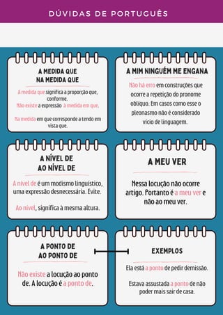 a medida que
na medida que
a mim ninguém me engana
A nível de
ao nível de
D Ú V I D A S D E P O R T U G U Ê S
a meu ver
Exemplos
Nessalocuçãonãoocorre
artigo.Portantoéameuvere
nãoaomeuver.
Elaestáapontodepedirdemissão.


Estavaassustadaapontodenão
podermaissairdecasa.




Amedidaquesignificaaproporçãoque,
conforme.
Nãoexisteaexpressão àmedidaemque.


Namedidaemquecorrespondeatendoem
vistaque.
Nãoháerroemconstruçõesque
ocorrearepetiçãodopronome
oblíquo.Emcasoscomoesseo
pleonasmonãoéconsiderado
víciodelinguagem.
Aníveldeéummodismolinguístico,
umaexpressãodesnecessária.Evite.


Aonível,significaàmesmaaltura.
a ponto de
ao ponto de
Nãoexistealocuçãoaoponto
de.Alocuçãoéapontode.
 