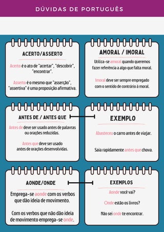 acerto/asserto


amoral / imoral
antes de / antes que
D Ú V I D A S D E P O R T U G U Ê S
exemplo
Exemplos


Abasteceuocarroantesdeviajar.




Saiarapidamenteantesquechova.


Aondevocêvai?


Ondeestãooslivros?


Nãoseiondeteencontrar.


Acertoéoatode"acertar","descobrir",
"encontrar".


Assertoéomesmoque"asserção",
"assertiva"éumaproposiçãoafirmativa.




Utiliza-seamoralquandoqueremos
fazerreferênciaaalgoquefaltamoral.
Imoraldevesersempreempregado
comosentidodecontrárioàmoral.
Antesdedeveserusadoantesdepalavras
ouoraçõesreduzidas.


Antesquedeveserusado
antesdeoraçõesdesenvolvidas.


aonde/onde
Emprega-seaondecomosverbos
quedãoideiademovimento.


Comosverbosquenãodãoideia
demovimentoemprega-seonde.


 