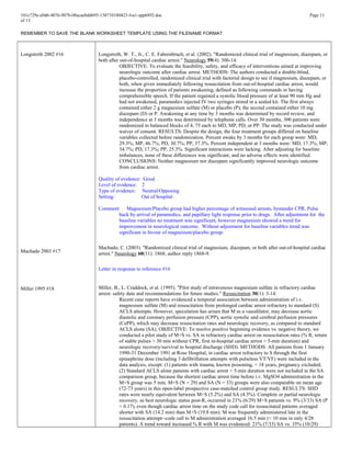 101e729e-a9d6-4076-907b-08acaebdd695-150710180423-lva1-app6892.doc Page 11
of 13
REMEMBER TO SAVE THE BLANK WORKSHEET TEMPLATE USING THE FILENAME FORMAT
Longstreth 2002 #16
Machado 2003 #17
Miller 1995 #18
Longstreth, W. T., Jr., C. E. Fahrenbruch, et al. (2002). "Randomized clinical trial of magnesium, diazepam, or
both after out-of-hospital cardiac arrest." Neurology 59(4): 506-14.
OBJECTIVE: To evaluate the feasibility, safety, and efficacy of interventions aimed at improving
neurologic outcome after cardiac arrest. METHODS: The authors conducted a double-blind,
placebo-controlled, randomized clinical trial with factorial design to see if magnesium, diazepam, or
both, when given immediately following resuscitation from out-of-hospital cardiac arrest, would
increase the proportion of patients awakening, defined as following commands or having
comprehensible speech. If the patient regained a systolic blood pressure of at least 90 mm Hg and
had not awakened, paramedics injected IV two syringes stored in a sealed kit. The first always
contained either 2 g magnesium sulfate (M) or placebo (P); the second contained either 10 mg
diazepam (D) or P. Awakening at any time by 3 months was determined by record review, and
independence at 3 months was determined by telephone calls. Over 30 months, 300 patients were
randomized in balanced blocks of 4, 75 each to MD, MP, PD, or PP. The study was conducted under
waiver of consent. RESULTS: Despite the design, the four treatment groups differed on baseline
variables collected before randomization. Percent awake by 3 months for each group were: MD,
29.3%; MP, 46.7%; PD, 30.7%; PP, 37.3%. Percent independent at 3 months were: MD, 17.3%; MP,
34.7%; PD, 17.3%; PP, 25.3%. Significant interactions were lacking. After adjusting for baseline
imbalances, none of these differences was significant, and no adverse effects were identified.
CONCLUSIONS: Neither magnesium nor diazepam significantly improved neurologic outcome
from cardiac arrest.
Quality of evidence: Good
Level of evidence: 2
Type of evidence: Neutral/Opposing
Setting: Out of hospital
Comment: Magnesium/Placebo group had higher percentage of witnessed arrests, bystander CPR, Pulse
back by arrival of paramedics, and pupillary light response prior to drugs. After adjustment for the
baseline variables no treatment was significant, however magnesium showed a trend for
improvement in neurological outcome. Without adjustment for baseline variables trend was
significant in favour of magnesium/placebo group.
Machado, C. (2003). "Randomized clinical trial of magnesium, diazepam, or both after out-of-hospital cardiac
arrest." Neurology 60(11): 1868; author reply 1868-9.
Letter in response to reference #16
Miller, B., L. Craddock, et al. (1995). "Pilot study of intravenous magnesium sulfate in refractory cardiac
arrest: safety data and recommendations for future studies." Resuscitation 30(1): 3-14.
Recent case reports have evidenced a temporal association between administration of i.v.
magnesium sulfate (M) and resuscitation from prolonged cardiac arrest refractory to standard (S)
ACLS attempts. However, speculation has arisen that M as a vasodilator, may decrease aortic
diastolic and coronary perfusion pressure (CPP), aortic systolic and cerebral perfusion pressures
(CePP), which may decrease resuscitation rates and neurologic recovery, as compared to standard
ACLS alone (SA). OBJECTIVE: To resolve positive beginning evidence vs. negative theory, we
conducted a pilot study of M+S vs. SA in refractory cardiac arrest on resuscitation rates (% R, return
of stable pulses > 30 min without CPR, first in-hospital cardiac arrest > 5-min duration) and
neurologic recovery/survival to hospital discharge (SHD). METHODS: All patients from 1 January
1990-31 December 1991 at Rose Hospital, in cardiac arrest refractory to S through the first
epinephrine dose (including 3 defibrillation attempts with pulseless VT/VF) were included in the
data analysis, except: (1) patients with trauma, known poisoning, < 18 years, pregnancy excluded;
(2) Standard ACLS alone patients with cardiac arrest < 5-min duration were not included in the SA
comparison group, because the shortest cardiac arrest time before i.v. MgSO4 administration in the
M+S group was 5 min. M+S (N = 29) and SA (N = 33) groups were also comparable on mean age
(72-73 years) in this open-label prospective case-matched control group study. RESULTS: SHD
rates were nearly equivalent between M+S (5.2%) and SA (4.5%). Complete or partial neurologic
recovery, as best neurologic status post-R, occurred in 21% (6/29) M+S patients vs. 9% (3/33) SA (P
= 0.17), even though cardiac arrest time on the study code call for resuscitated patients averaged
shorter with SA (14.2 min) than M+S (19.8 min). M was frequently administered late in the
resuscitation attempt--code call to M administration averaged 16.5 min (< 10 min in only 4/28
patients). A trend toward increased % R with M was evidenced: 21% (7/33) SA vs. 35% (10/29)
 