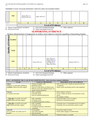 101e729e-a9d6-4076-907b-08acaebdd695-150710180423-lva1-app6892.doc Page 3 of
13
REMEMBER TO SAVE THE BLANK WORKSHEET TEMPLATE USING THE FILENAME FORMAT
Fair Allegra 2001 #1 C
Fatovich 1997 #9 C
Miller 1995 #18 C
1 2 3 4 5 6 7 8
Level of Evidence
A = Return of spontaneous circulation C = Survival to hospital discharge E = Other endpoint
B = Survival of event D = Intact neurological survival
SUPPORTING EVIDENCE
Routine administration of magnesium in cardiac arrest improves outcome regardless of presenting rhythm.
QualityofEvidence
Excellent
Good
Fair
Cannon 1987 #6 A
Allen 1989 #2 B
Baraka 2000 #3 B
Craddock 1991 D
Iseri 1990 #12 B
Tobey 1992 #20 D
Buylaert 1989 #5 A
1 2 3 4 5 6 7 8
Level of Evidence
A = Return of spontaneous circulation C = Survival to hospital discharge E = Other endpoint
B = Survival of event D = Intact neurological survival
STEP 3. DETERMINE THE CLASS OF RECOMMENDATION. Select from these summary definitions.
CLASS CLINICAL DEFINITION REQUIRED LEVEL OF EVIDENCE
Class I
Definitely recommended. Definitive,
excellent evidence provides support.
• Always acceptable, safe
• Definitely useful
• Proven in both efficacy & effectiveness
• Must be used in the intended manner for
proper clinical indications.
• One or more Level 1 studies are present (with rare
exceptions)
• Study results consistently positive and compelling
Class II:
Acceptable and useful
• Safe, acceptable
• Clinically useful
• Not yet confirmed definitively
• Most evidence is positive
• Level 1 studies are absent, or inconsistent, or lack
power
• No evidence of harm
• Class IIa: Acceptable and useful
Good evidence provides support
• Safe, acceptable
• Clinically useful
• Considered treatments of choice
• Generally higher levels of evidence
• Results are consistently positive
• Class IIb: Acceptable and useful
Fair evidence provides support
• Safe, acceptable
• Clinically useful
• Considered optional or alternative
treatments
• Generally lower or intermediate levels of evidence
• Generally, but not consistently, positive results
Class III:
Not acceptable, not useful, may be
harmful
• Unacceptable
• Not useful clinically
• May be harmful.
• No positive high level data
• Some studies suggest or confirm harm.
• Research just getting started. • Minimal evidence is available
 