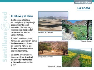 El relieve y el clima En la costa el relieve  es casi plano y su paisaje predominante es el  desierto . Sin embargo,  los ríos que descienden  de los Andes forman  valles fértiles. Desierto de Paracas. Bosque de Amotape. Valle de Reque. Lomas de Lachay. Existen, además, otras formas de vegetación como los  bosques  tropicales  de la costa norte y las  lomas , que reverdecen esporádicamente. La costa presenta dos  tipos de clima:  tropical   en el norte y  templado  y   húmedo  en el centro  y sur. La costa 
