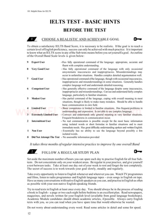 101 Helpful Hints for IELTS
IELTS TEST - BASIC HINTS
BEFORE THE TEST
CHOOSE A REALISTIC AND ACHIEVABLE GOAL
To obtain a satisfactory IELTS Band Score, it is necessary to be realistic. If the goal is to reach a
certain level ofEnglish proficiency, success can only be achieved with much practice. It is important
to know what an IELTS score in any ofthe Sub-tests means before you set yourselfa goal. An outline
of the Overall Band Scale levels is given below:
9 Expert User -Has fully operational command of the language: appropriate, accurate and
fluent with complete understanding.
8 Very Good User - Has fully operational command of the language with only occasional
unsystematic inaccuracies and inappropriacies. Misunderstandings may
occur in unfamiliar situations. Handles complex detailed argumentation well.
7 Good User - Has operational commandofthe language, though withoccasional inaccuracies,
inappropriacies and misunderstandings in some situations. Generally handles
complex language well and understands detailed reasoning.
6 Competent User - Has generally effective command of the language despite some inaccuracies,
inappropriacies and misunderstandings. Can use and understand fairly complex
language, particularly in familiar situations.
5 Modest User - Has partial command of the language, coping with overall meaning in most
situations, though is likely to make many mistakes. Should be able to handle
basic communication in own field.
4 Limited User - Basic competence is limited to familiar situations. Has frequent problems in
understanding and expression. Is not able to use complex language.
3 Extremely Limited User - Conveys and understands only general meaning in very familiar situations.
Frequent breakdowns in communication occur.
2 Intermittent User - No real communication is possible except for the most basic information
using isolated words or short formulae in familiar situations and to meet
immediate needs. Has great difficulty understanding spoken and-written English.
1 Non User - Essentially has no ability to use the language beyond possibly a few
isolated words.
0 Did Not Attempt The Test - No assessable information provided
It takes three months ofregular intensivepractice to improve by one overall Band
FOLLOW A REGULAR STUDY PLAN
Set aside the maximum number ofhours you can spare each day to practise English for all four Sub-
tests. Do not concentrate only on your weakest areas. Be regular in your practice, and give yourself
a rest between tasks. Take at least one day out of your week to rest and forget the test completely.
The secret of success is to work towards your goal slowly, steadily and regularly.
Take every opportunity to listen to English whenever and whereveryou can. WatchTV programmes
and films, listen to radio programmes and English language tapes - even songs in English on tape.
Have as many conversations withnativeEnglish speakers as you can, andpractiseinEnglish as often
as possible with your non-native English-speaking friends.
Try to read texts in English at least once every day. You should always be in the process of reading
a book in English - a page or two each night before bedtime is an excellent plan. Read newspapers,
magazines, and novels written for your English level (available from good language bookshops).
Academic Module candidates should obtain academic articles, if possible. Always carry English
texts with you, so you can read when you have spare time that would otherwise be wasted.
Do not worry about understanding every word. Read some articles in detail and some for speed.
12
www.IELTS4U.blogfa.com
 