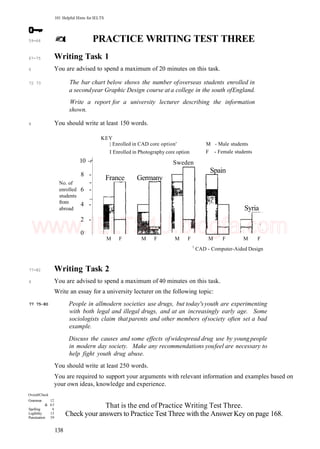 101 Helpful Hints for IELTS
59-66
67-75
6
72 73
8
77-82
6
77 75-80
PRACTICE WRITING TEST THREE
Writing Task 1
You are advised to spend a maximum of 20 minutes on this task.
The bar chart below shows the number ofoverseas students enrolled in
a secondyear Graphic Design course at a college in the south ofEngland.
Write a report for a university lecturer describing the information
shown.
You should write at least 150 words.
KEY
No. of
enrolled
students
from
abroad
10 -r
8 -
-
6 -
_
4 -
2 -
0
| Enrolled in CAD core option'
I Enrolled in Photography core option
Sweden
M - Male students
F - Female students
France Germany
Spain
Syria
M F M F M F M F M F
1
CAD - Computer-Aided Design
Writing Task 2
You are advised to spend a maximum of 40 minutes on this task.
Write an essay for a university lecturer on the following topic:
People in allmodern societies use drugs, but today'syouth are experimenting
with both legal and illegal drugs, and at an increasingly early age. Some
sociologists claim thatparents and other members ofsociety often set a bad
example.
Discuss the causes and some effects ofwidespread drug use by youngpeople
in modern day society. Make any recommendations youfeel are necessary to
help fight youth drug abuse.
You should write at least 250 words.
You are required to support your arguments with relevant information and examples based on
your own ideas, knowledge and experience.
OverallCheck
Grammar 12
& 65
Spelling 4
Legibility 15
Punctuation 59
That is the end of Practice Writing Test Three.
Check your answers to Practice Test Three with the Answer Key on page 168.
138
www.IELTS4U.blogfa.com
 