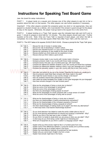 Appendix 1
33 Talk
Talk
Talk
Talk
Talk
Talk
A...
B...
C...
D...
E...
F...
35 Talk A...
Talk
Talk
Talk
Talk
Talk
B...
C...
D...
E...
F...
Instructions for Speaking Test Board Game
(see the board for setup instructions)
PART 1: A player lands on a square and chooses one of the other players to ask him or her a
question about the item on that square. The other players can ask further questions if necessary.
Important! If the other players consider the answer(s) given too short or not appropriate, they can
appeal to a student chosen as a referee, who must decide if the answer is good enough for the player
to stay on the square. Otherwise, the player must go back to the square he or she came from.
PART 2: A player landing on a 'Topic Talk' square uses the indicated topic talk card (A-F) and is
given 1 minute to prepare a short talk for 1-2 minutes. The other players should each ask 1 further
question at the end. Note: Only one Topic Talk' is required of each player, and when the talk is
completed, he or she waits on the star square ('Wait Here After Topic Talk') until the next turn.
PART 3: The KEY below is for squares 33-35-37-39-41-43-45. Choose a prompt for the 'Topic Talk' given.
Discuss the role of movies in society today.
Discuss the role of advertising in modern culture.
Discuss how important tourism is in your country these days.
Discuss the importance of role models for the youth of today.
Discuss whether you think books are too expensive to buy.
Discuss what you think makes a good school.
Compare movies made in your country with movies made in America.
Compare products made in your country with those made overseas.
Compare travel in the past, say a hundred years ago, with travel today.
Compare the differences between students in your own country and those from overseas.
Compare the differences between reading a book in your own language and in English.
Compare the education system in your own country with that of your host country.
How often and where do you go to the movies? Describe the cinema you usually go to.
How do products made these days compare with those made in the past?
How might the tourist industry in your country change in the future?
How can students improve their performance at school?
How useful are books translated from English or from other languages into your language?
How have schools changed in the last hundred years?
What are the advantages of being a movie star or director?
What are some of the advantages of advertising?
What are some of the advantages of travel?
Are there any advantages of being popular at school?
What are the advantages of a book compared with a movie version of a book?
What are some of the advantages of doing well at school?
What are the disadvantages of being a movie star or director?
Are there any disadvantages of seeing advertisements everywhere?
What are the disadvantages of the increased popularity of tourism?
What are the disadvantages of being unpopular at school?
Are there disadvantages of making books out of paper? Are there any alternatives?
In what ways does a bad teacher disadvantage students?
Do you think television has helped to make the world a better place to live in?
Do you think banning advertisements for alcohol and smoking is worthwhile? Why?
What do you think is the best way to plan a holiday? Why?
Do you think it is harder to study when you are young or when you are older? Why?
In what ways do you think being a writer might be an interesting job?
What sort of equipment do you think is useful in a language school? Why?
Explain what you think movies might be like in a hundred years from now.
Explain some of the differences between a consumer society and a primitive society.
Explain what we can do to protect nature in the future.
Explain the most effective methods of punishment for bad students.
Explain why you cannot learn English only from a book.
Explain how schools might look in the future.
151
37 Talk
Talk
A...
B...
TalkC...
Talk
Talk
Talk
D...
E...
F...
39 Talk A...
Talk
Talk
Talk
Talk
Tak
B...
C...
D...
E...
F...
41 Talk
Talk
Talk
A...
B...
C...
Talk D ...
Talk
Talk
E...
F...
43 Talk
Talk
A...
B...
Talk C...
Talk
Talk
Talk
D...
E...
F...
45 Talk
Talk
A...
B...
Talk C...
Talk
Talk
Talk
D...
E...
F...
www.IELTS4U.blogfa.com
 