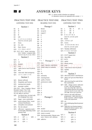 Appendix 3
ANSWER KEYS
PRACTICE TEST ONE
LISTENING TEST ONE
Ql.
Q2.
Q3.
Q4.
Q5.
Q6.
Q7.
Q8.
Q9.
Q10.
Qll.
Section 1
c
B
A
B
£40
L A V I L L I E R S
(must be correctly spelt)
Swiss
FA - 492
Paris / Sevres
3 3 1 - 9 8 6 1 - 4 5 3 7
/Q12./Q13. books / university
texts / clothes / computer disks
(answers may be in any order)
Section 2
Q14. 3
Q15. 14
Q16. hospital
Q17. lorry
Q18. lights (answer must be plural)
Q19. horn
Q20. main road / dual carriageway
Q21. 0 1 7 1 - 3 8 9 - 1 7 7 8
Section 3
Q22.
Q23.
Q24.
Q25.
Q26./
British AirWorld
Hospitality and Tourism
meeting (new) people
passenger comfort
r
Q27. Paris / Frankfurt / Rome /
Kennedy Airport / New York
(answers may be in any order,
but only one per question)
Q28.
Q29.
Q30.
Q31.
Q32.
Q33.
Q34.
Q35.
Q36.
(to) beat jet lag / (to) deal with
the (changing) time zones
bigger / more comfortable
recent (release) films / recent
(release) blockbusters
atmosphere more pleasant
fire risk reduced
offer more / vegetarian meals /
twohotmeals/interesting/exotic/
gourmet food
Section 4
d Q37. c Q40. c
d Q38. b
d Q39. c
NB: l) answer words in brackets are optional
ii) alternative answers are separated with a stroke ( / )
PRACTICE TEST ONE PRACTICE TEST TWO
READING TEST ONE LISTENING TEST TWO
Passage 1
Ql. British
Q2. not given
Q3. (equal) 3
Q4. G
Q5. C
Q6. A
Q7. D
Q8. F
Q9. B
Q10. F
Qll. N
Q12. T
Q13. T
Q14. N
Q15. T
" > ' Passage 2 ' ' : ";
Q16. Asia
Q17. Japan / Japanese respondents
Q18. further study (in Australia)
Q19. 5
Q20. 4
Q21. 8%
Q22. nationality
Q23. returning home
Q24. quality of tuition
Q25. permission to study
Q26. C
Q27. A
Q28. H
Q29. F
Q30. D
Q31. E
Passage 3
Q32. c
Q33. d
Q34. c
Q35. b
Q36. alcohol
Q37. (the chemical) serotonin
Q38. return to normal
Q39. free the personality /liberate some
users / remove one's defenses
Q40. addictive
Section 1
Ql. c Q4. b Q7. a
Q2. d Q5. b
Q3. a Q6. d
Q8. Z A L E S K A
(must be correctly spelt)
Q9. Polish
Q10. 3 4 9 6 8 - A P
Qll. 2years
Q12. A N D E R B U R G
(must be correctly spelt)
Q13. Saturday (afternoon)
Q14. 0 1 2 2 2 - 5 6 5 2 4 8
Section 2
Q15. 45,227 (square km)
Q16. three-fifths
Q17. 64.2%
Q18. capital
Q19. electric motors
Q20. grain
Q21. crops (answer must be plural)
Q22. republic
Q23. mild
Section 3
Q24. (the) local council / chiefdietician
Q25. (they) can't get out of their flat (or
house)
Q26. after (receiving the result of) her
first examination
Q27. / Q28. change courses / talk more
in class / ask more questions /
move out of her flat / don't live
with students from her own country
(answers may be in any order, but
only one answer per question)
Q29. listens to the radio (talk-back
programmes / radio interviews) /
keeps a journal / collects English
words and expressions
Q30. yes
Q31. more challenging (than herpresent
job)
Q32. (open her) own business/agency /
nutritional (advice) agency / give
dietary) consultations
Q33. I
Q34. A
Q35. I
Q36. I
Section 4
Q37. A
Q38 A
Q39. N
Q40. A
160
www.IELTS4U.blogfa.com
 