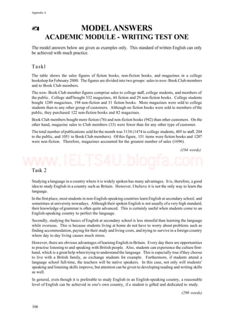Appendix 6
MODEL ANSWERS
ACADEMIC MODULE - WRITING TEST ONE
The model answers below are given as examples only. This standard of written English can only
be achieved with much practice.
Taskl
The table shows the sales figures of fiction books, non-fiction books, and magazines in a college
bookshop for February 2000. The figures are divided into two groups: sales to non- Book Club members
and to Book Club members.
The non- Book Club member figures comprise sales to college staff, college students, and members of
the public. College staff bought 332 magazines, 44 fiction and 29 non-fiction books. College students
bought 1249 magazines, 194 non-fiction and 31 fiction books. More magazines were sold to college
students than to any other group of customers. Although no fiction books were sold to members of the
public, they purchased 122 non-fiction books and 82 magazines.
Book Club members bought more fiction (76) and non-fiction books (942) than other customers. On the
other hand, magazine sales to Club members (33) were fewer than for any other type of customer.
The total number ofpublications sold forthe month was 3134 (1474 to college students, 405 to staff, 204
to the public, and 1051 to Book Club members). Of this figure, 151 items were fiction books and 1287
were non-fiction. Therefore, magazines accounted for the greatest number of sales (1696).
(194 words)
Task 2
Studying a language in a country where it is widely spoken has many advantages. It is, therefore, a good
idea to study English in a country such as Britain. However, I believe it is not the only way to learn the
language.
In the firstplace, most students in non-English-speaking countries learn English at secondary school, and
sometimes at university nowadays. Although their spoken English is not usually ofa very high standard,
their knowledge of grammar is often quite advanced. This is certainly useful when students come to an
English-speaking country to perfect the language.
Secondly, studying the basics of English at secondary school is less stressful than learning the language
while overseas. This is because students living at home do not have to worry about problems such as
finding accommodation, paying for their study and living costs, and trying to survive in a foreign country
where day to day living causes much stress.
However, there are obvious advantages of learning English in Britain. Every day there are opportunities
to practise listening to and speaking with British people. Also, students can experience the culture first-
hand, which is a great help when trying to understand the language. This is especially true ifthey choose
to live with a British family, as exchange students for example. Furthermore, if students attend a
language school full-time, the teachers will be native speakers. In this case, not only will students'
speaking and listening skills improve, but attention can be given to developing reading and writing skills
as well.
In general, even though it is preferable to study English in an English-speaking country, a reasonable
level of English can be achieved in one's own country, if a student is gifted and dedicated to study.
(290 words)
166
www.IELTS4U.blogfa.com
 