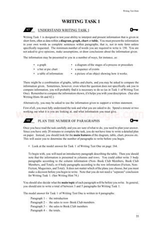 Writing Test Hints
WRITING TASK 1
UNDERSTAND WRITING TASK 1
Writing Task 1 is designed to test your ability to interpret and present information that is given in
short form, often as datawithin a diagram, graph, chart or table. You must presentthe information
in your own words as complete sentences within paragraphs, that is, not in note form unless
specifically requested. The minimum number of words you are required to write is 150. You are
not asked to give opinions, make assumptions, or draw conclusions about the information given.
The information may be presented to you in a number of ways, for instance, as:
• a graph • a diagram of the stages of a process or procedure
• a bar or pie chart • a sequence of events
• a table of information • a picture of an object showing how it works.
There might be a combination of graphs, tables and charts, and you may be asked to compare the
information given. Sometimes, however, even when the question does not specifically ask you to
compare information, you will probably find it is necessary to do so (as in Task 1 of Writing Test
One). Remember to compare the information shown, ifit helps you with your description. (See also
Writing Hints 66 and 82.)
Alternatively, you may be asked to use the information given to support a written statement.
First ofall, you must fully understand the task and what you are asked to do. Spend a minute or two
working out what it is you are looking at, and what information you must give.
PLAN THE NUMBER OF PARAGRAPHS
Once you have read the task carefully and you are sure ofwhat to do, you need to plan your answer.
Since you have only 20 minutes to complete the task, you do not have time to write a detailed plan
on paper. Instead, you should look for the main features of the diagram, table, chart, process etc.
This will assist you to determine the number of paragraphs to write before you begin.
• Look at the model answer for Task 1 of Writing Test One on page 164.
To begin with, you will need an introductory paragraph describing the table. Then you should
note that the information is presented in columns and rows. You could either write 3 body
paragraphs according to the column information (Non- Book Club Members, Book Club
Members, and Total), or 4 body paragraphs according to the row information (Fiction, Non-
Fiction, Magazines, and Total). It does not matter which ofthe plans you choose, but you must
make a decision before you begin to write. Note that you do not need a "separate" conclusion
for Writing Task 1. (See Writing Hint 74.)
You should also decide what the main topic ofeach paragraph will be before you write. In general,
you should aim to write a total of between 3 and 5 paragraphs for Writing Task 1.
The model answer for Task 1 of Writing Test One is written in 4 paragraphs:
Paragraph 1 - the introduction
Paragraph 2 - the sales to non- Book Club members
Paragraph 3 - the sales to Book Club members
Paragraph 4 - the totals.
55
www.IELTS4U.blogfa.com
 